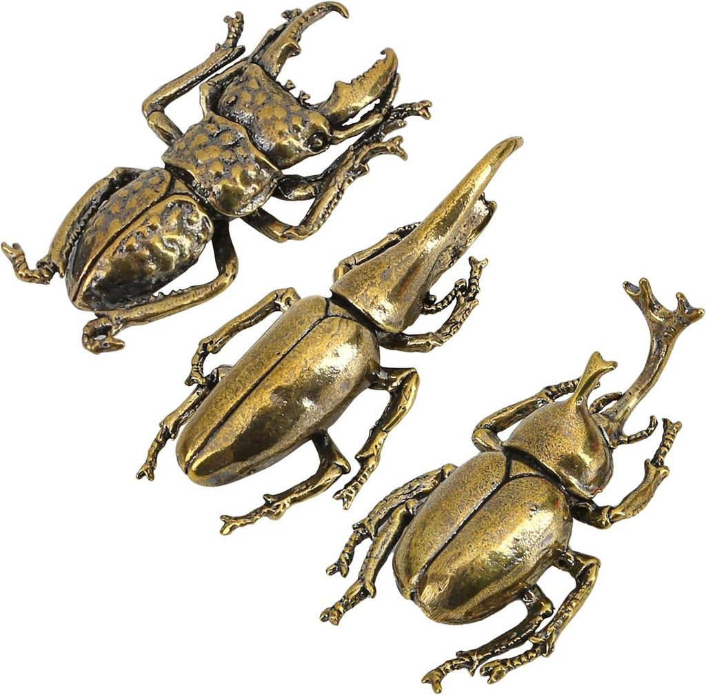 Solid brass beetle figurine ornaments, three-piece set with glossy metallic finish