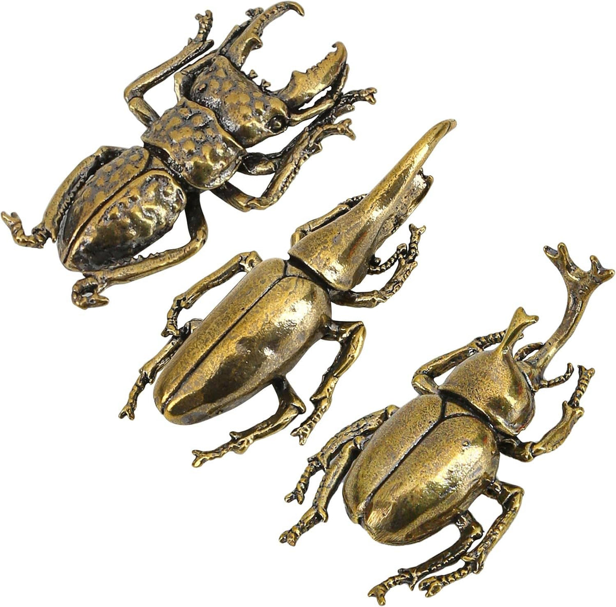 Solid brass beetle figurine ornaments, three-piece set with glossy metallic finish