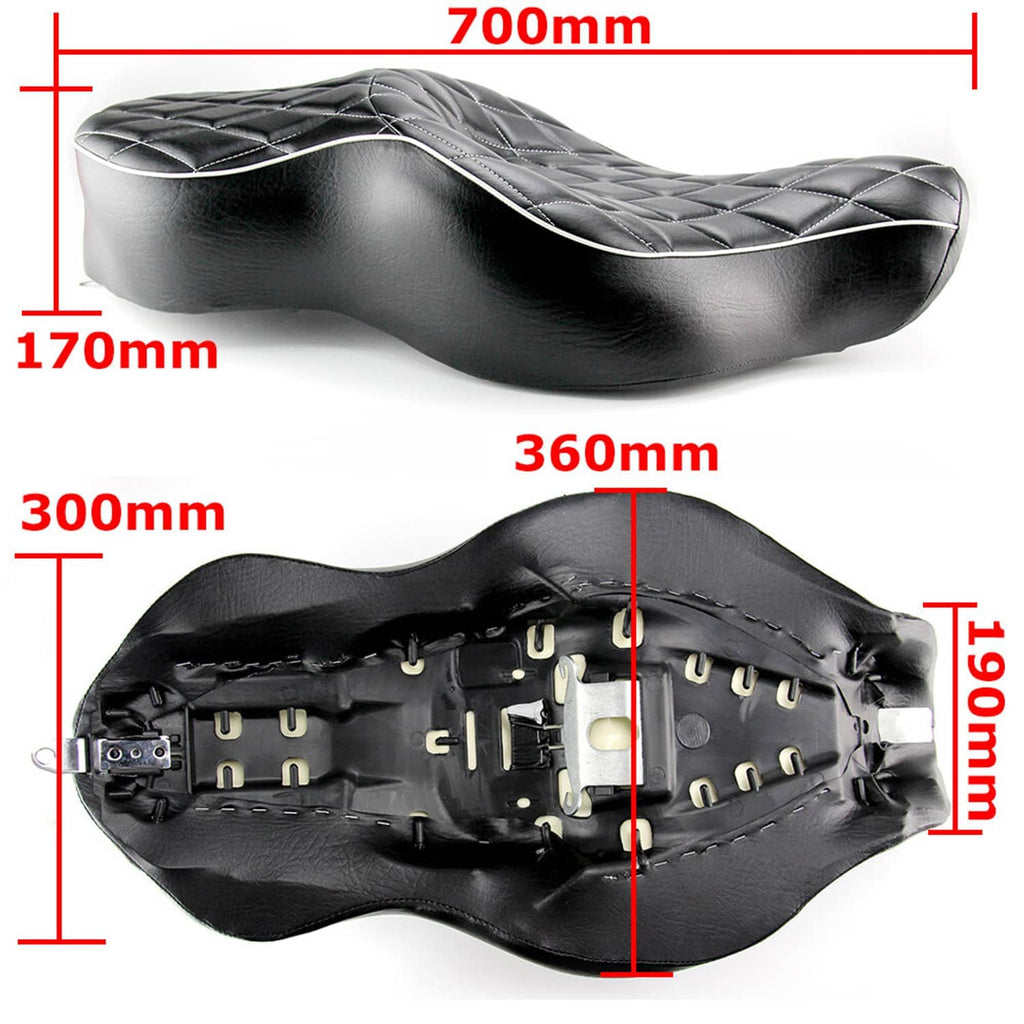 Black two-up motorcycle seat cushion with quilted pattern and mounting hardware underside