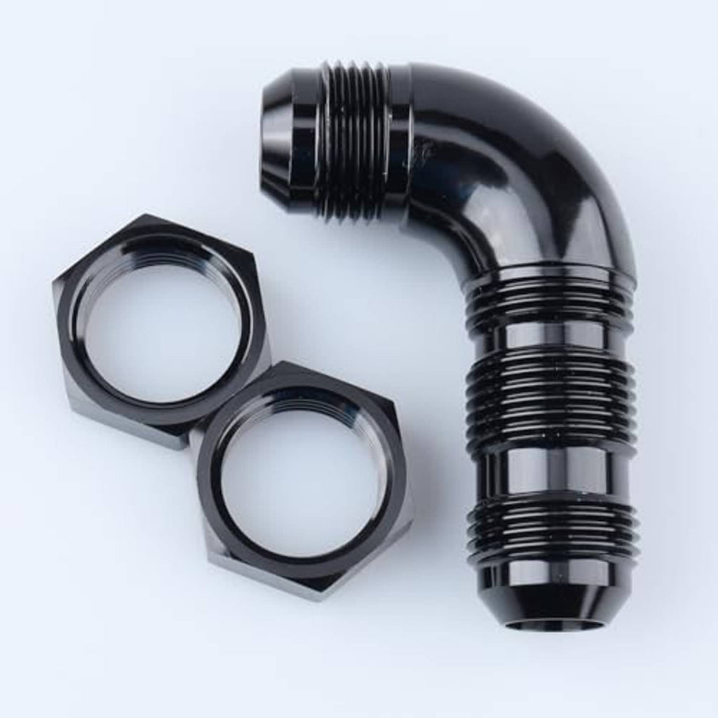 Black aluminum AN elbow fitting with two hex nuts near the threaded connections