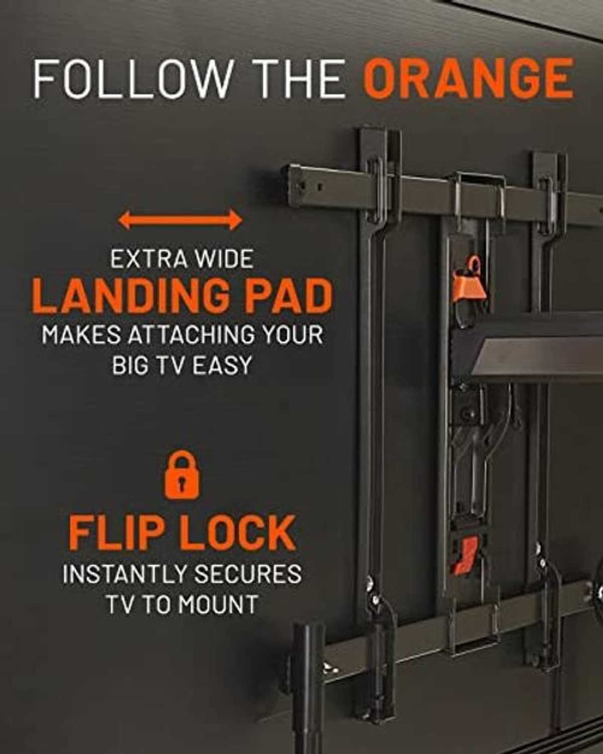 Full-motion TV wall mount bracket with flip-lock attachment points, black rails