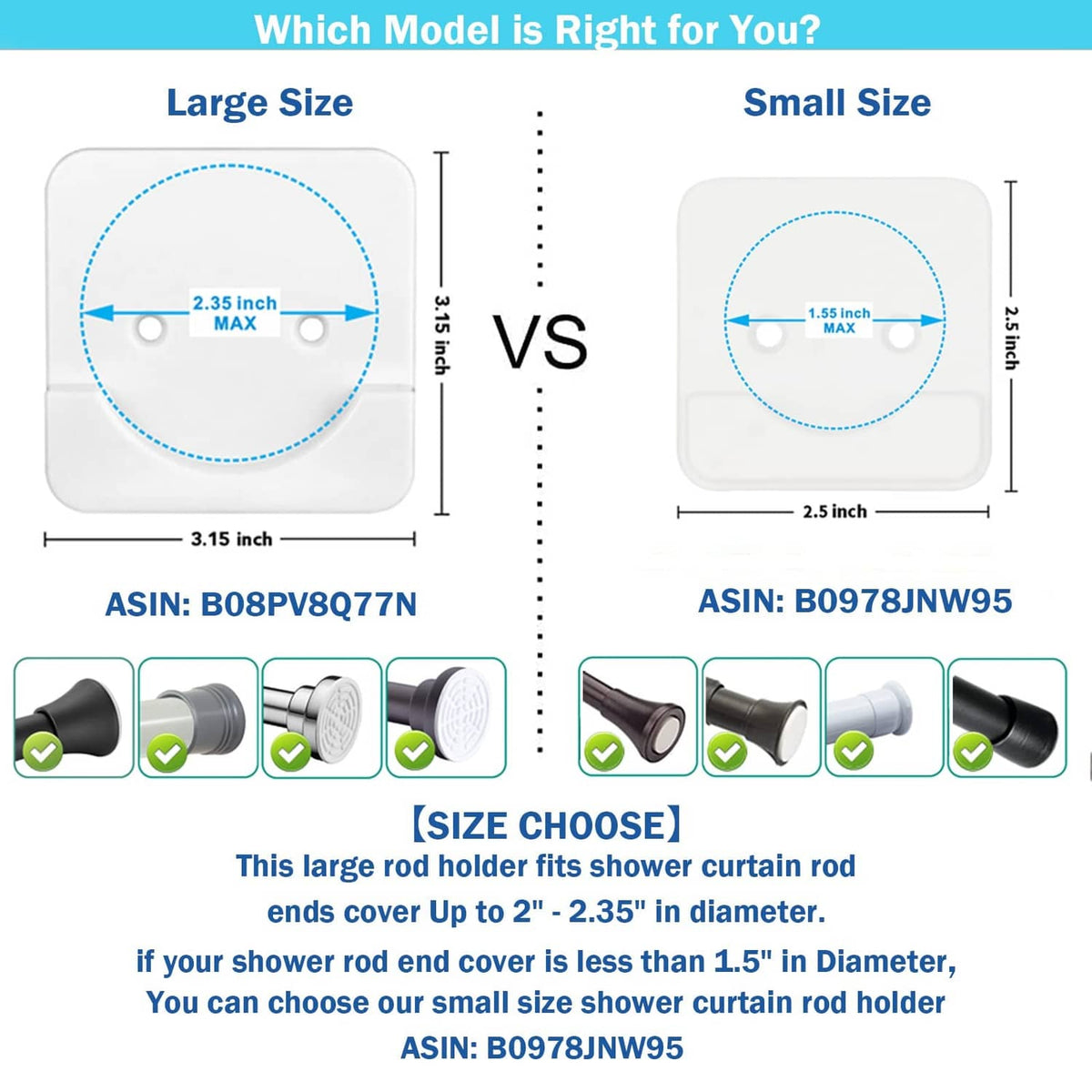Diagram comparing large and small shower rod holder sizes with measurements