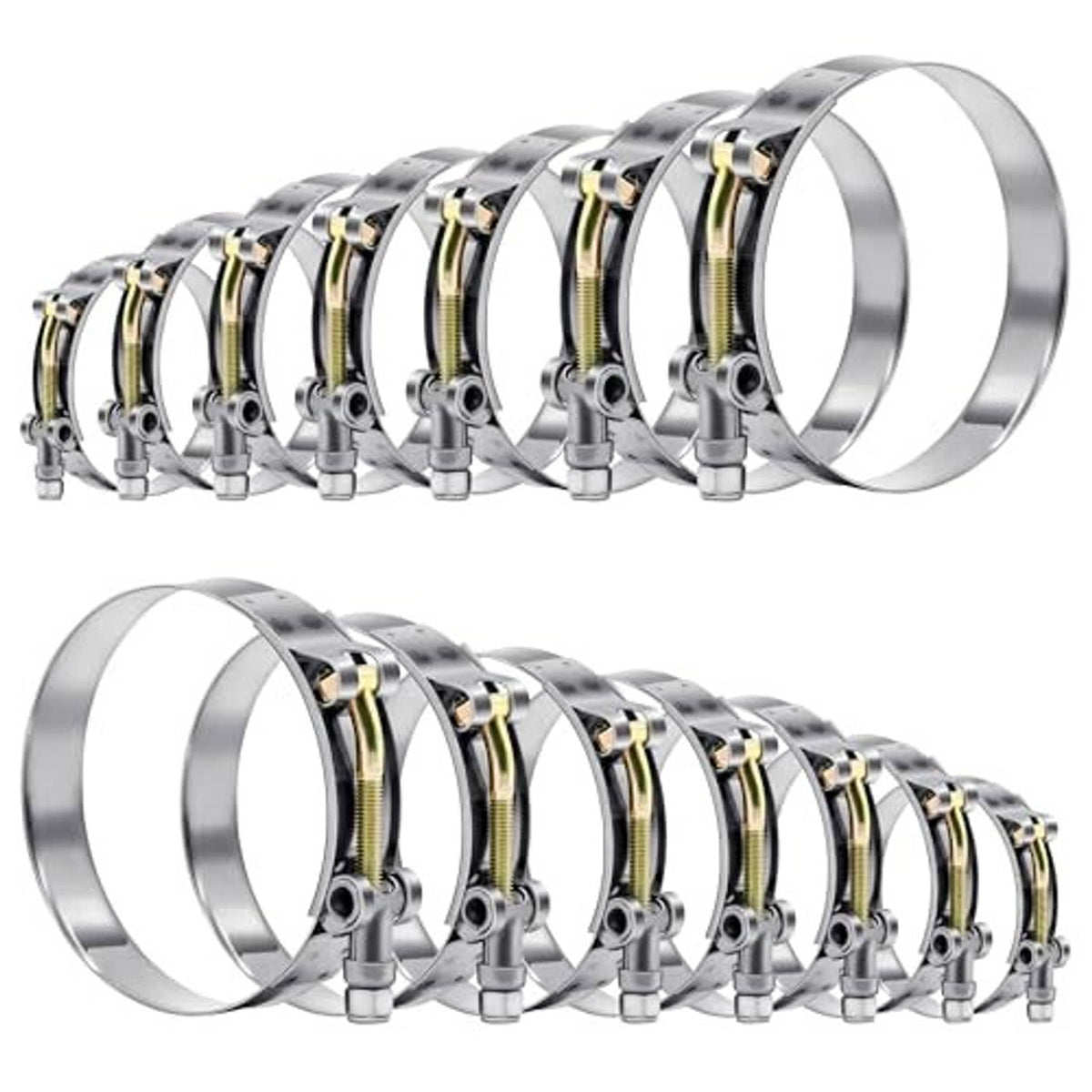 T-bolt hose clamp set with stainless steel rings, gold-toned straps, and bolt clamps