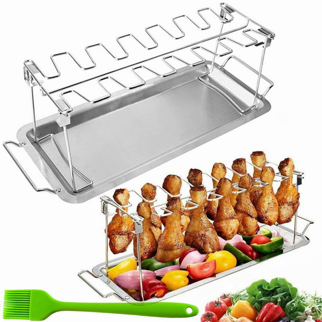 Stainless steel chicken leg rack with 14 slots and foldable stand, including drip tray