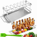 Stainless steel chicken leg rack with 14 slots and foldable stand, including drip tray