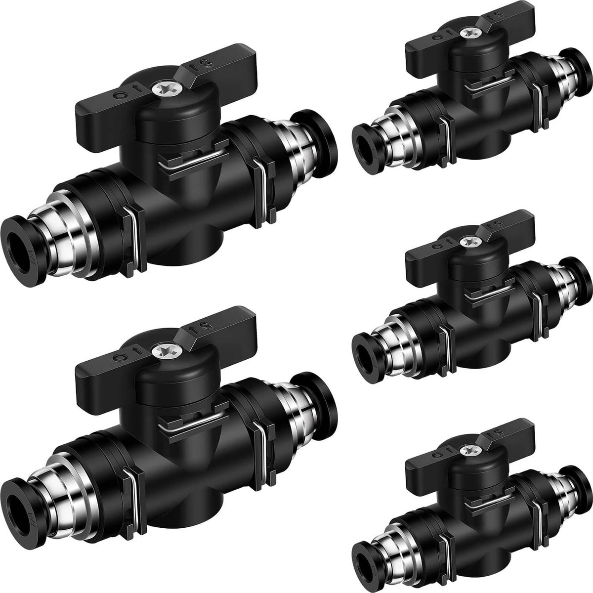 Black 1/4 in push-to-connect pneumatic air valve fitting, set of 5