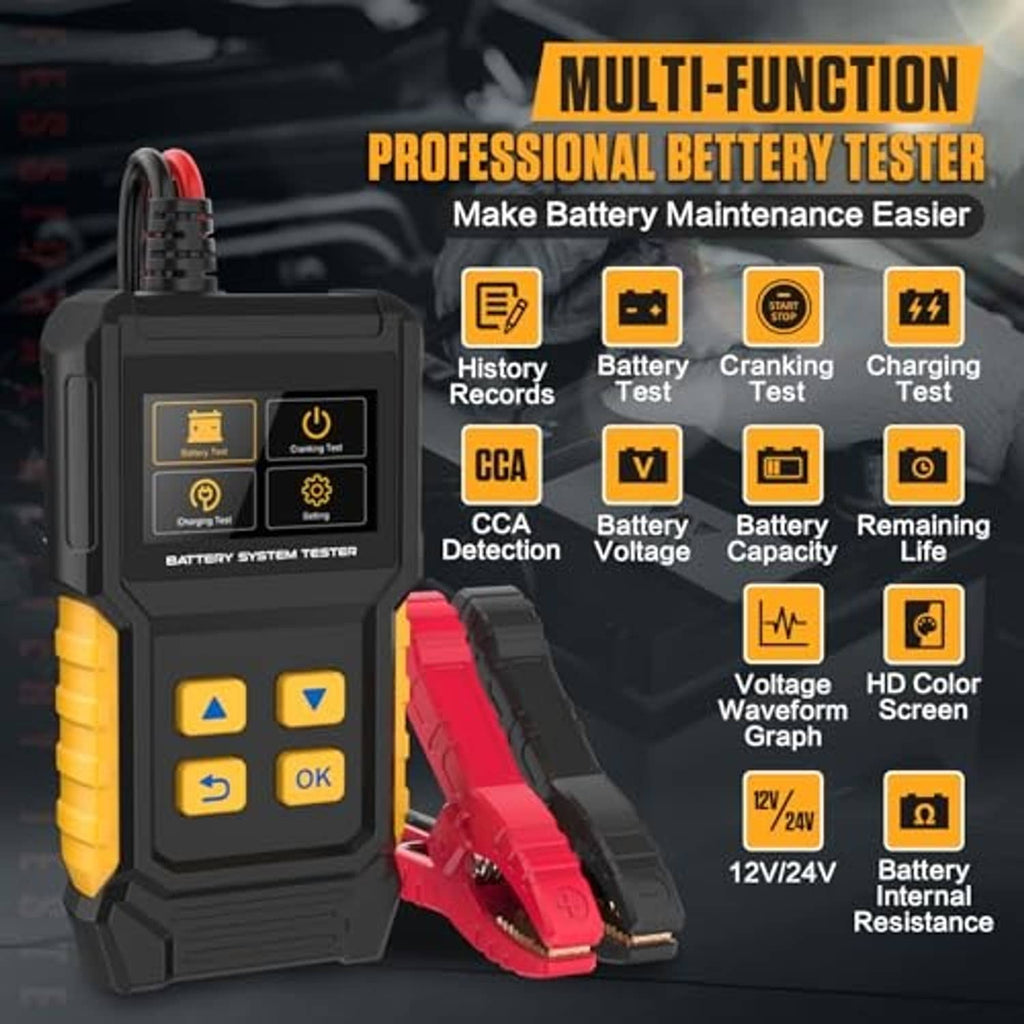 Multifunction car battery tester with screen and red clamp connectors