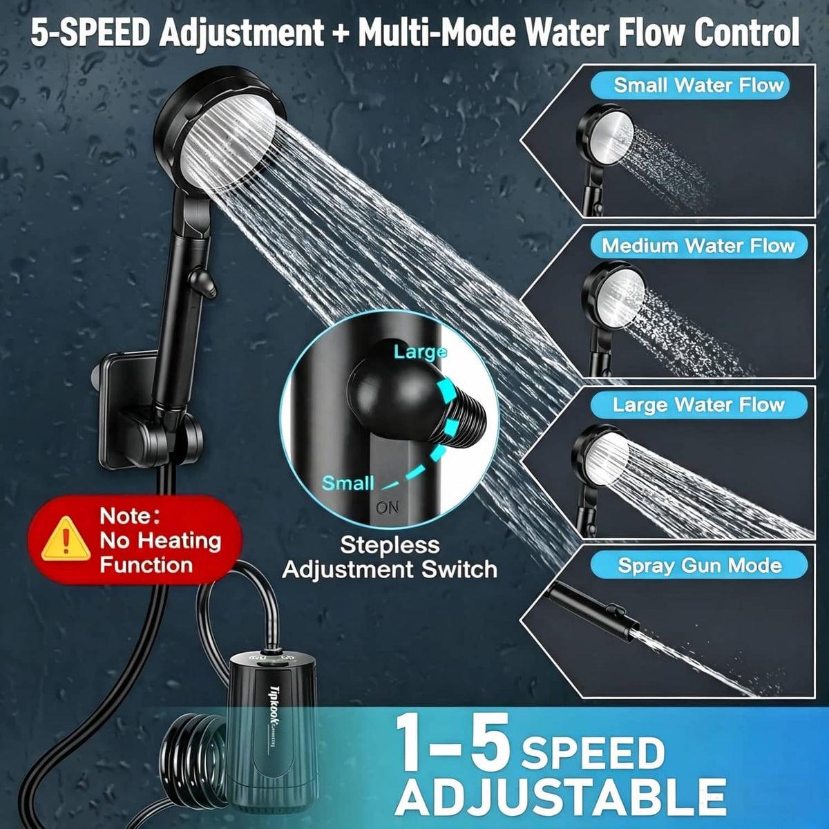 Portable camping shower head with adjustable spray switch and hose connection