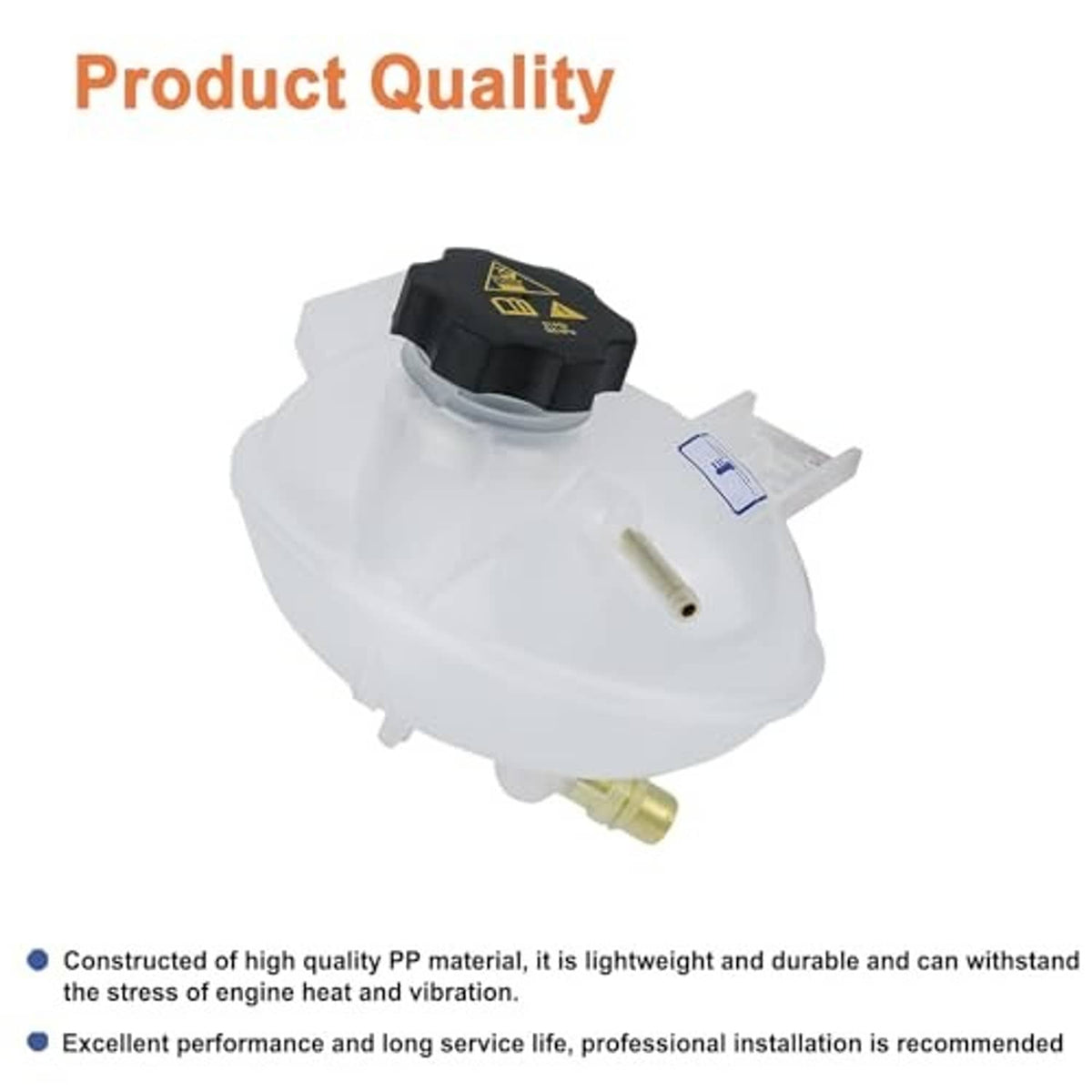 White coolant reservoir with black cap, small vent tube, and brass inlet fitting