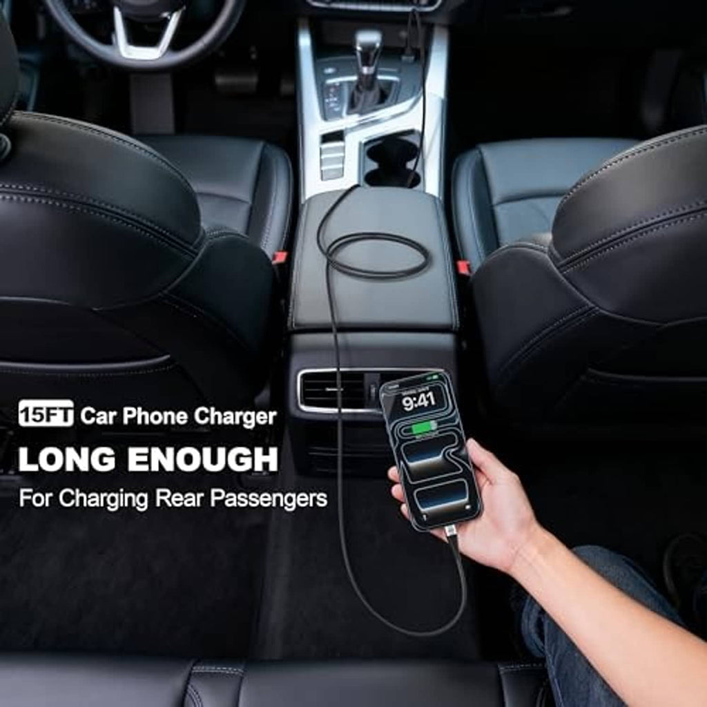 Black USB-C to USB-C cable with coiled length and USB-C connectors for charging in car.