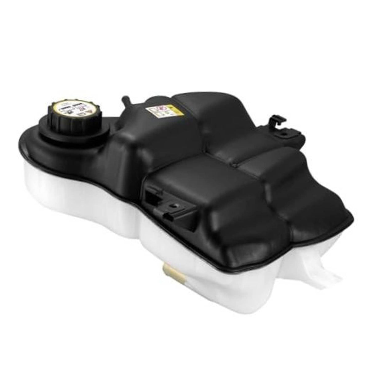 Engine coolant overflow reservoir tank with black cap and mounting outlets