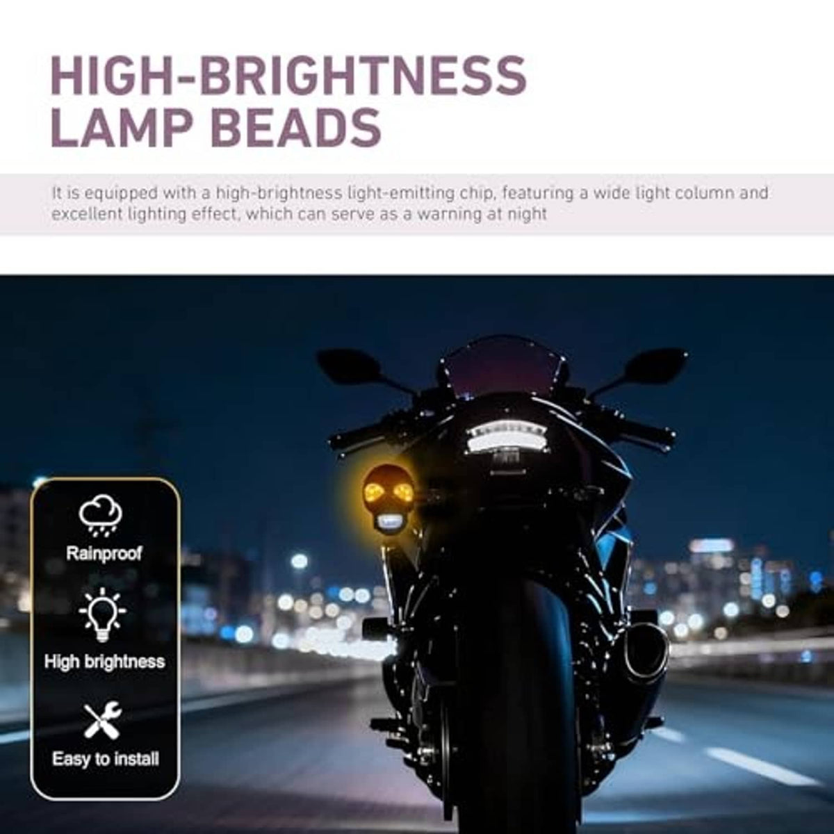 Skull-shaped LED motorcycle turn signal lights lit on a night road