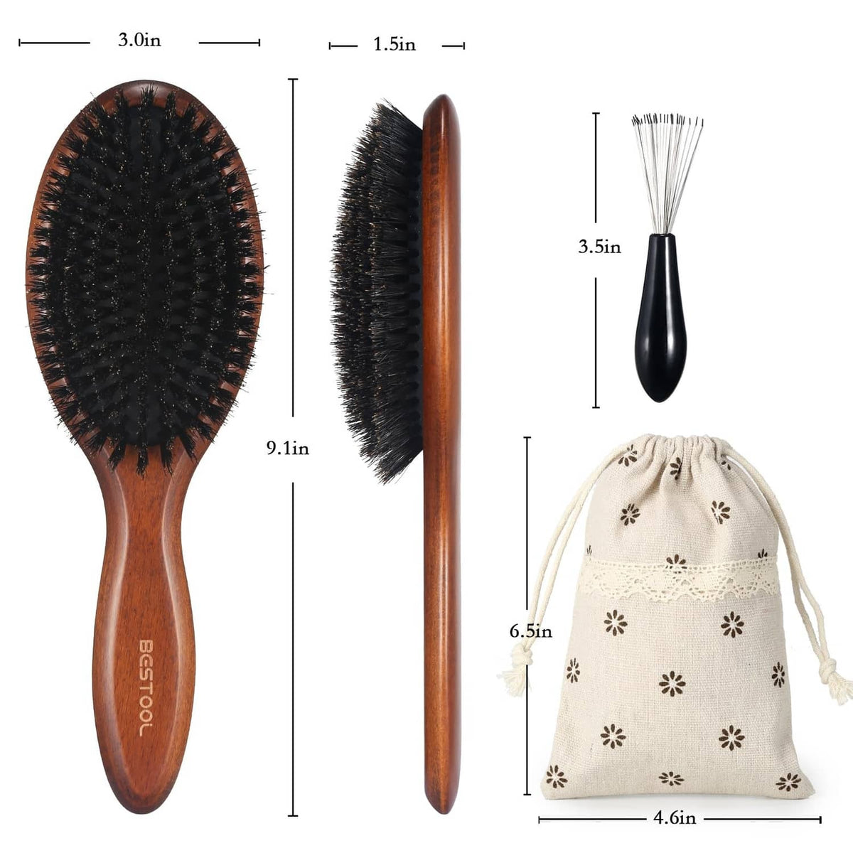 Hair brush with dark bristles, brown handle, and included bristle-cleaning tool