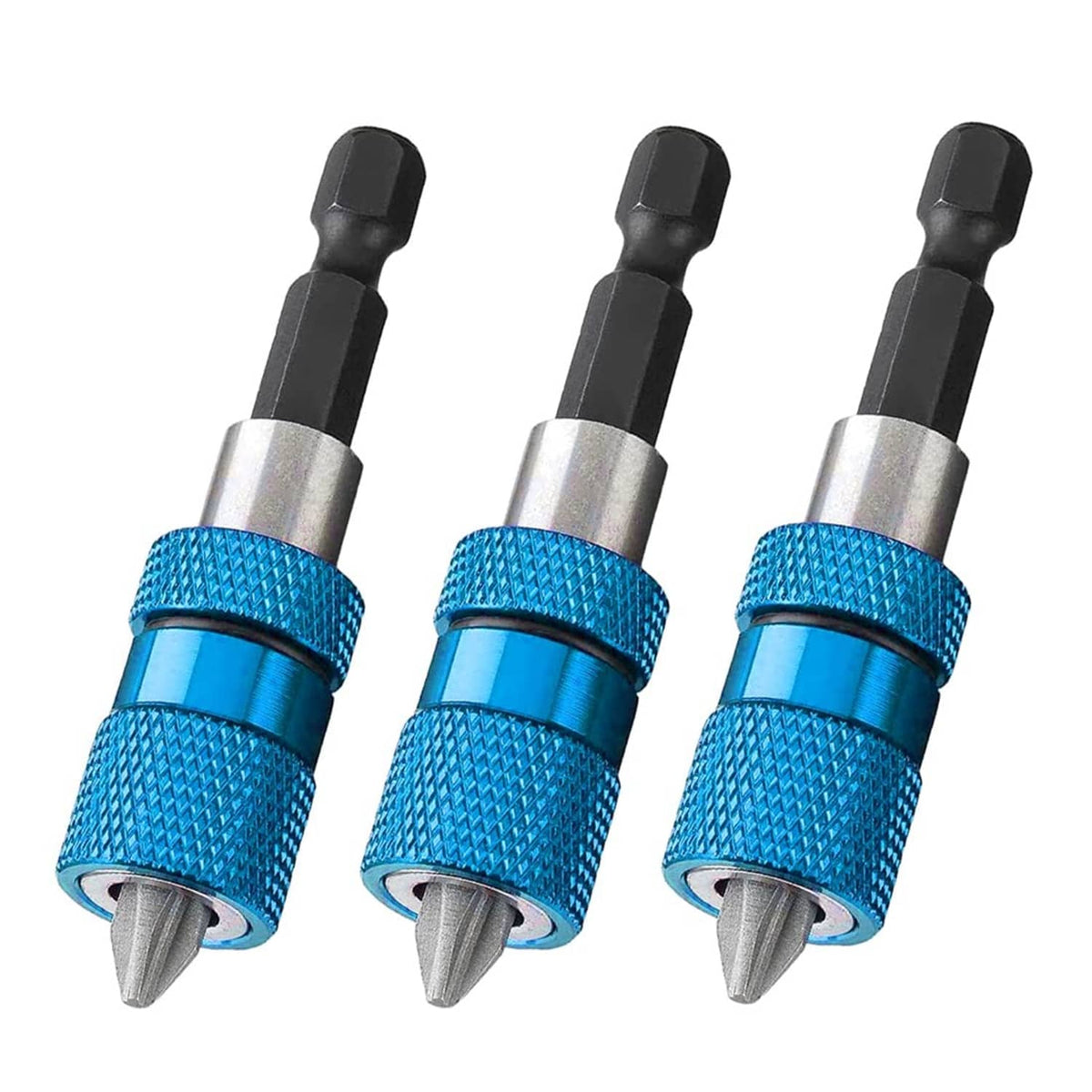 Blue magnetic drywall bit holder with three 60mm screw bits.