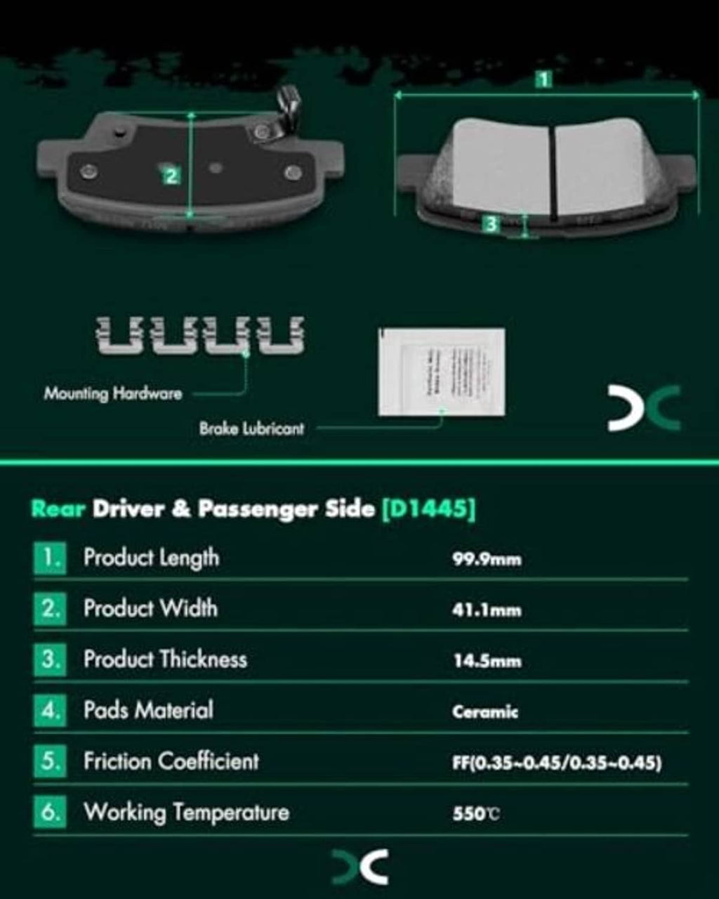 Rear ceramic brake pads with mounting hardware, shown in driver and passenger sides (4 pcs)