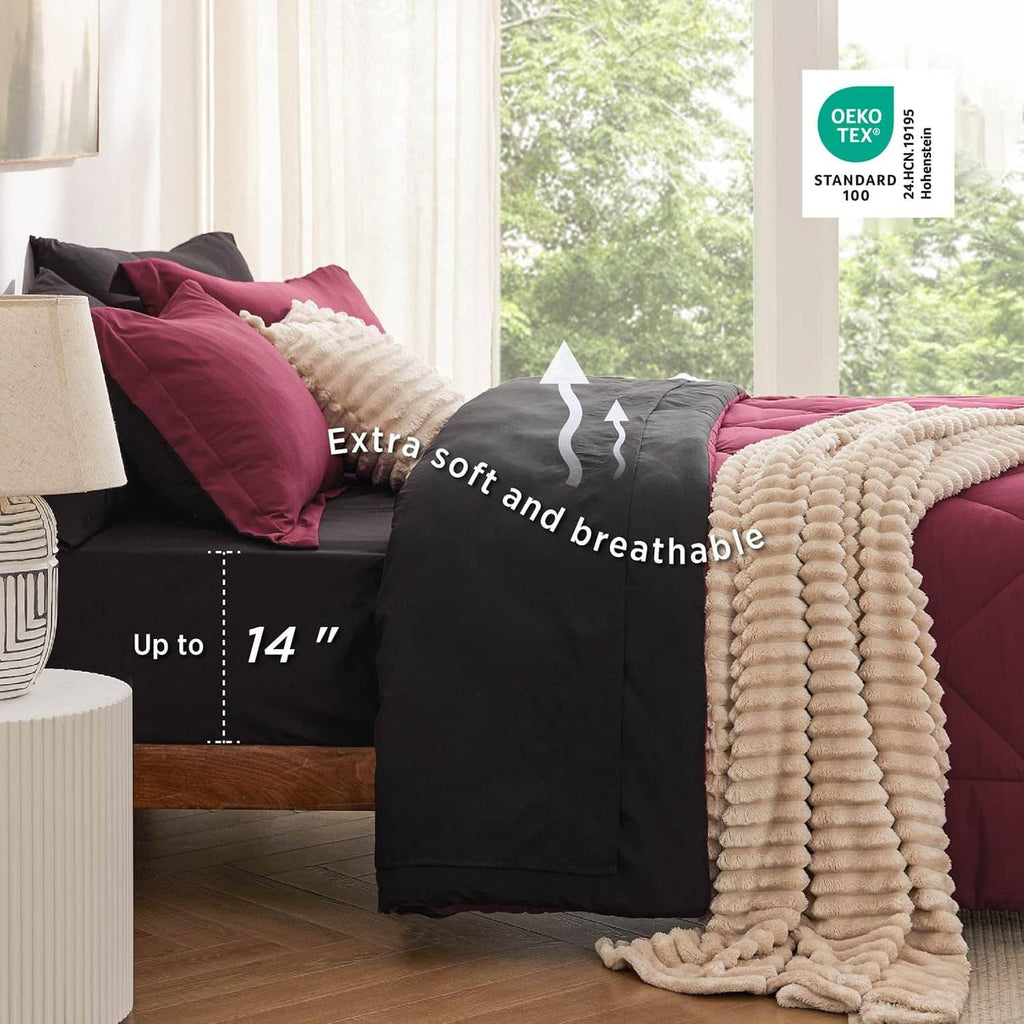 Bedsure queen comforter set with burgundy comforter, black reverse, and fluffy off-white throw