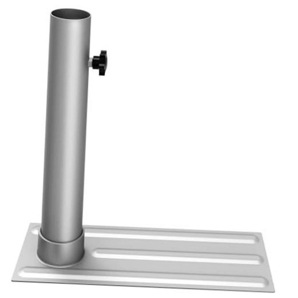 Metal flag pole tire-mount base with tall round post and side clamp, silver
