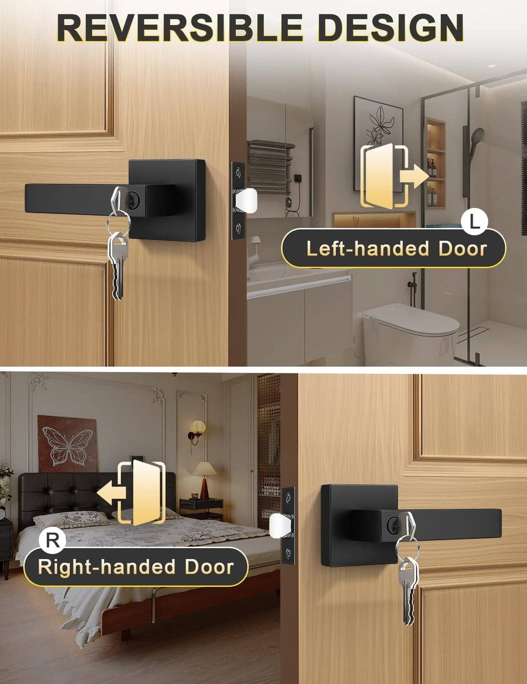 Black reversible entry door lever handle shown for left- and right-handed doors