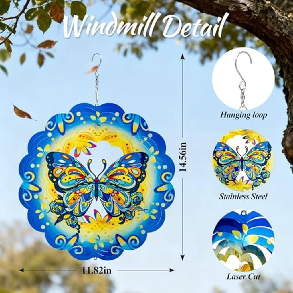 Blue butterfly wind spinner with hanging loop and layered laser-cut metal disc