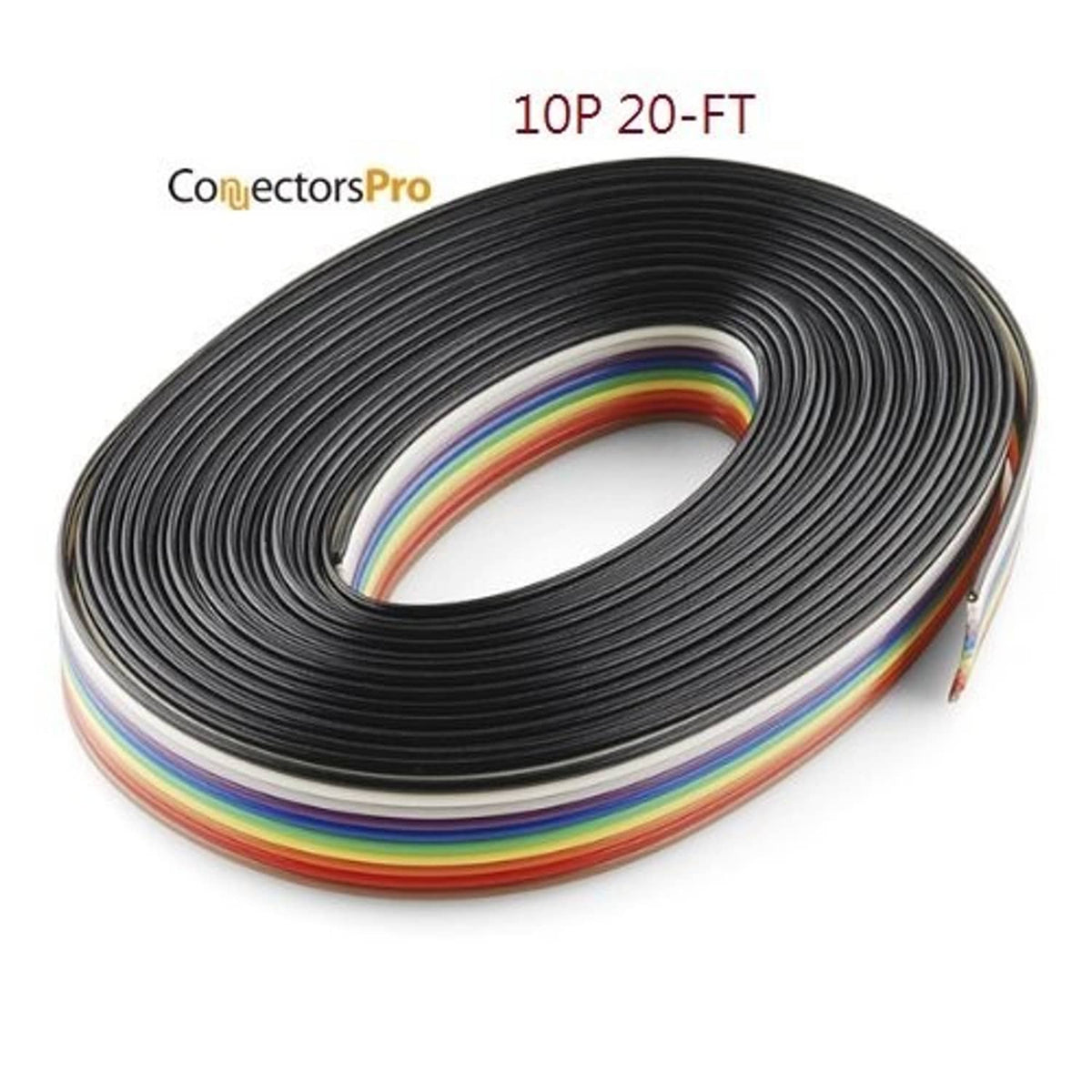 10P 20-ft flat ribbon IDC cable roll with black outer and rainbow stripes