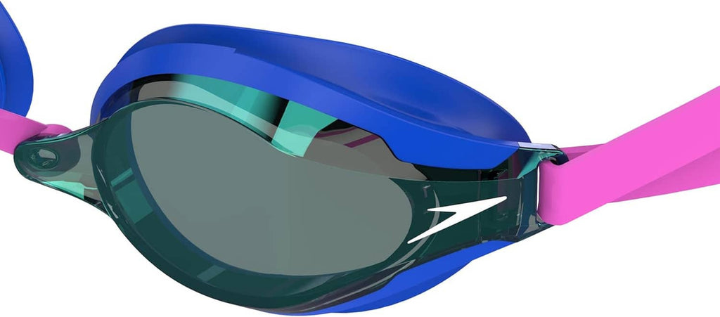 Swim goggles angled view with dark mirrored lenses, blue frame, and pink strap