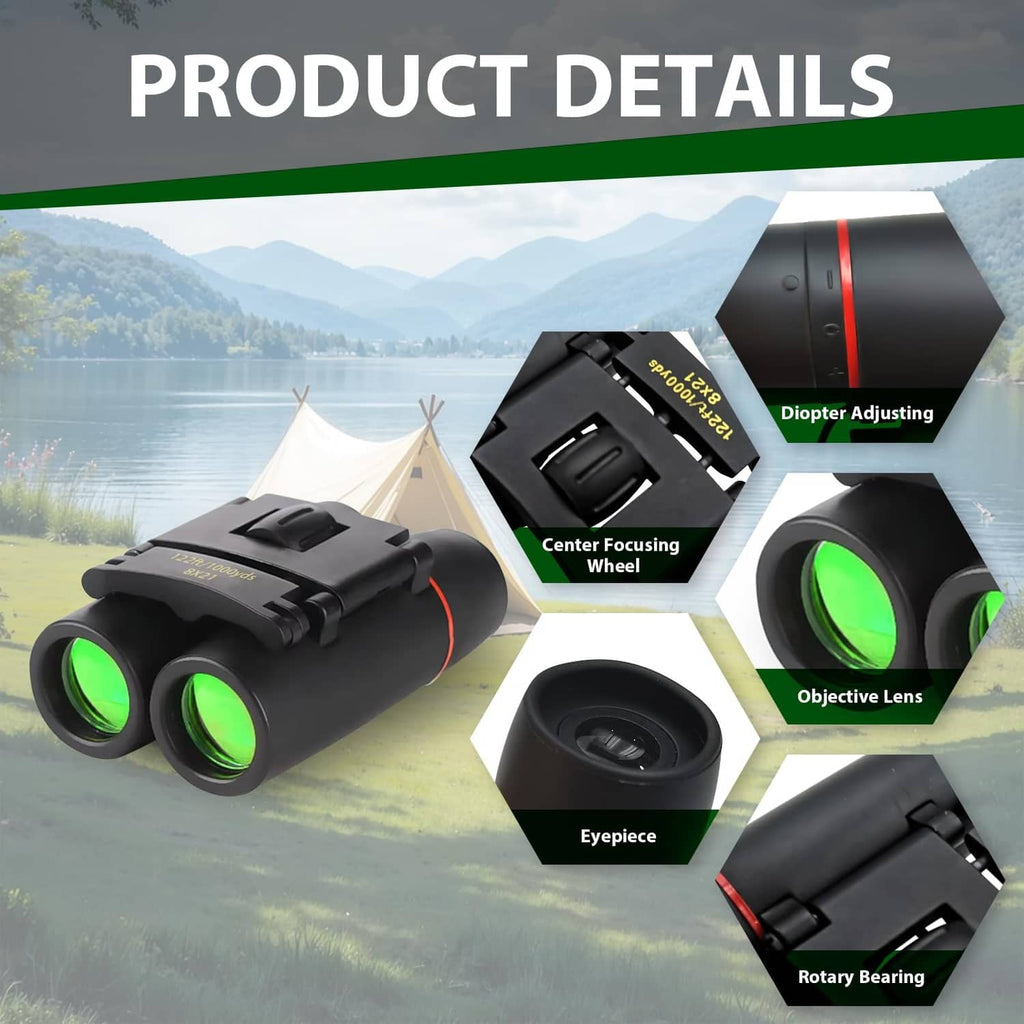 Black binoculars with textured grip, adjustable diopter, and objective lens caps