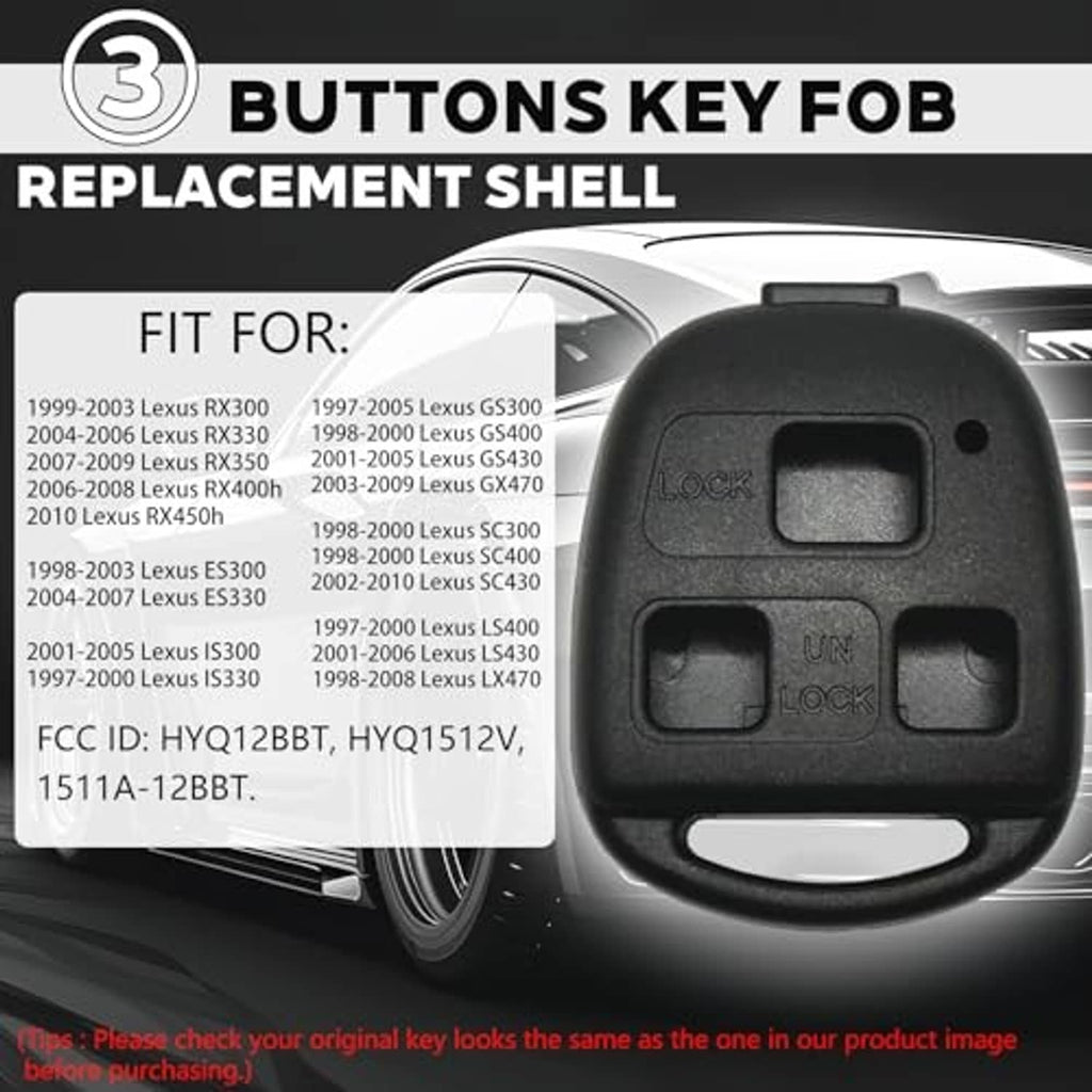 Black key fob button replacement shell with two cutout buttons and key ring loop