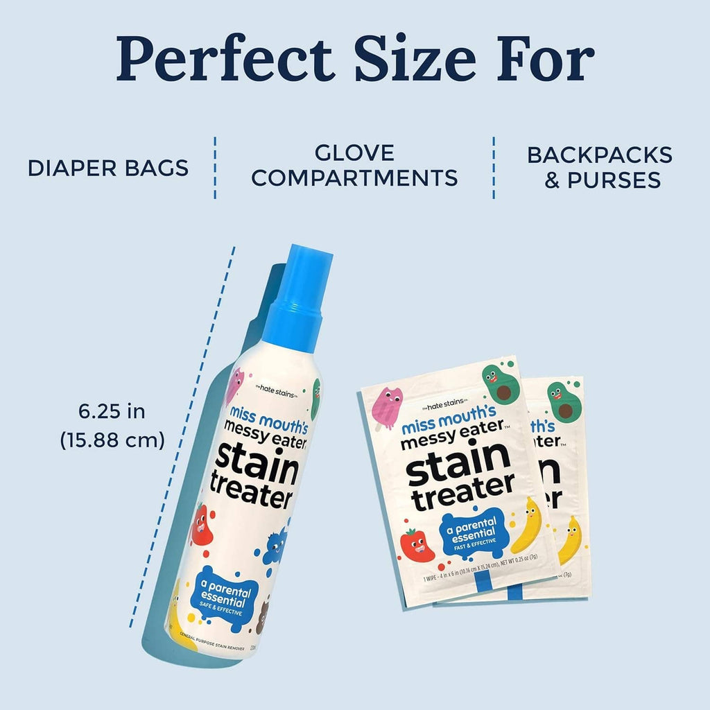 Product size diagram with blue-capped stain treater bottle and compact wipes packs