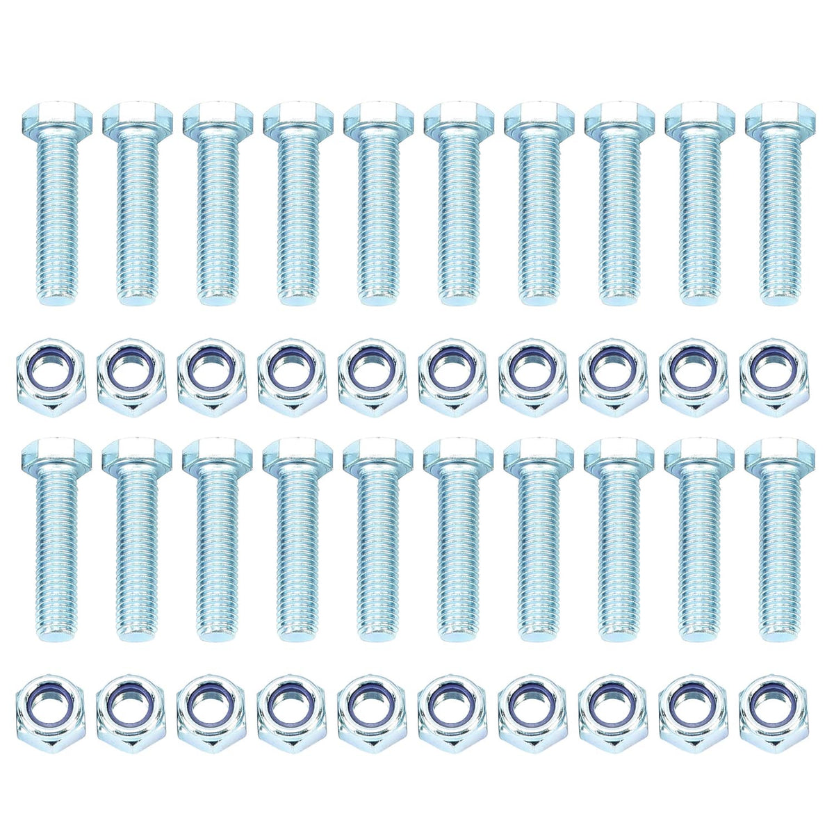 Assorted light-blue zinc-plated bolts and matching hex nuts