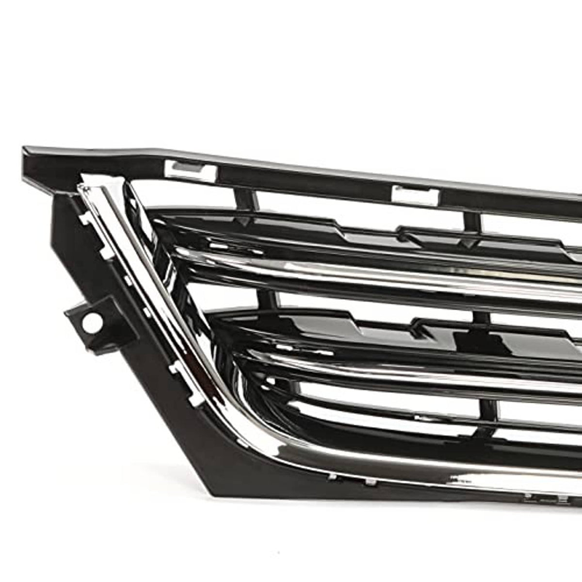 Front lower bumper grille with black slats and chrome surround, side angle view