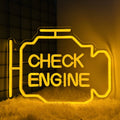 Yellow LED neon sign reading 'CHECK ENGINE' in engine-outline shape.