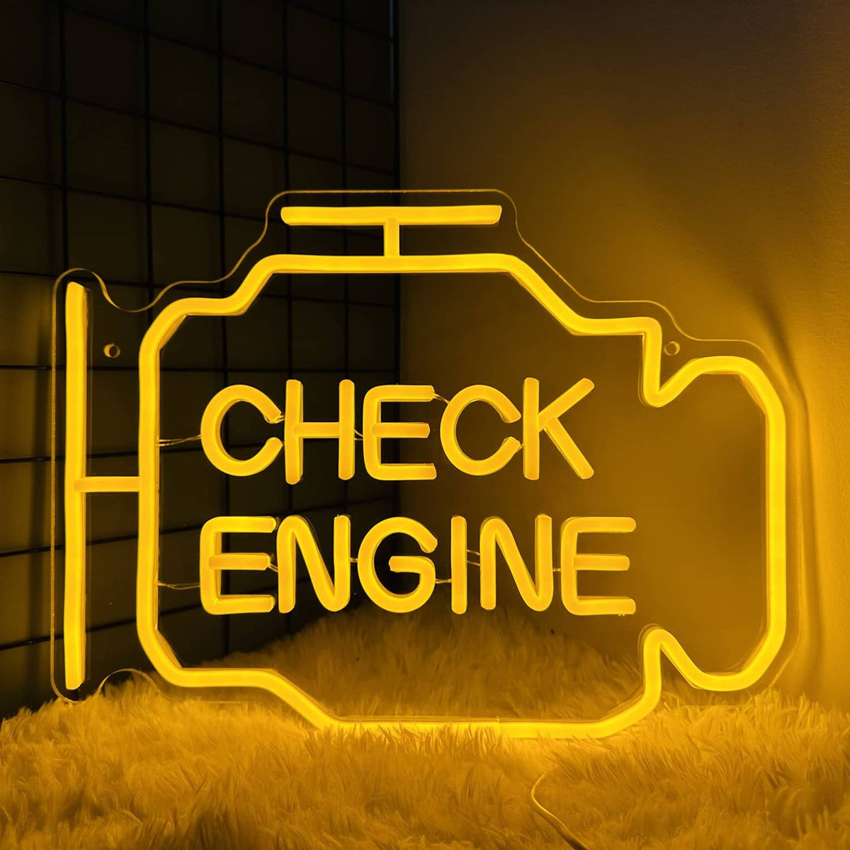 Yellow LED neon sign reading 'CHECK ENGINE' in engine-outline shape.