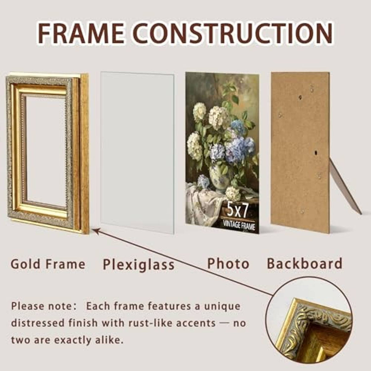 Ornate gold 5x7 picture frame with backboard and clear plexiglass panel