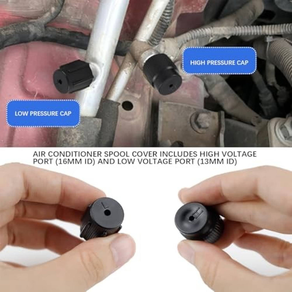 Black low and high pressure air conditioning valve cap plugs, held in hands