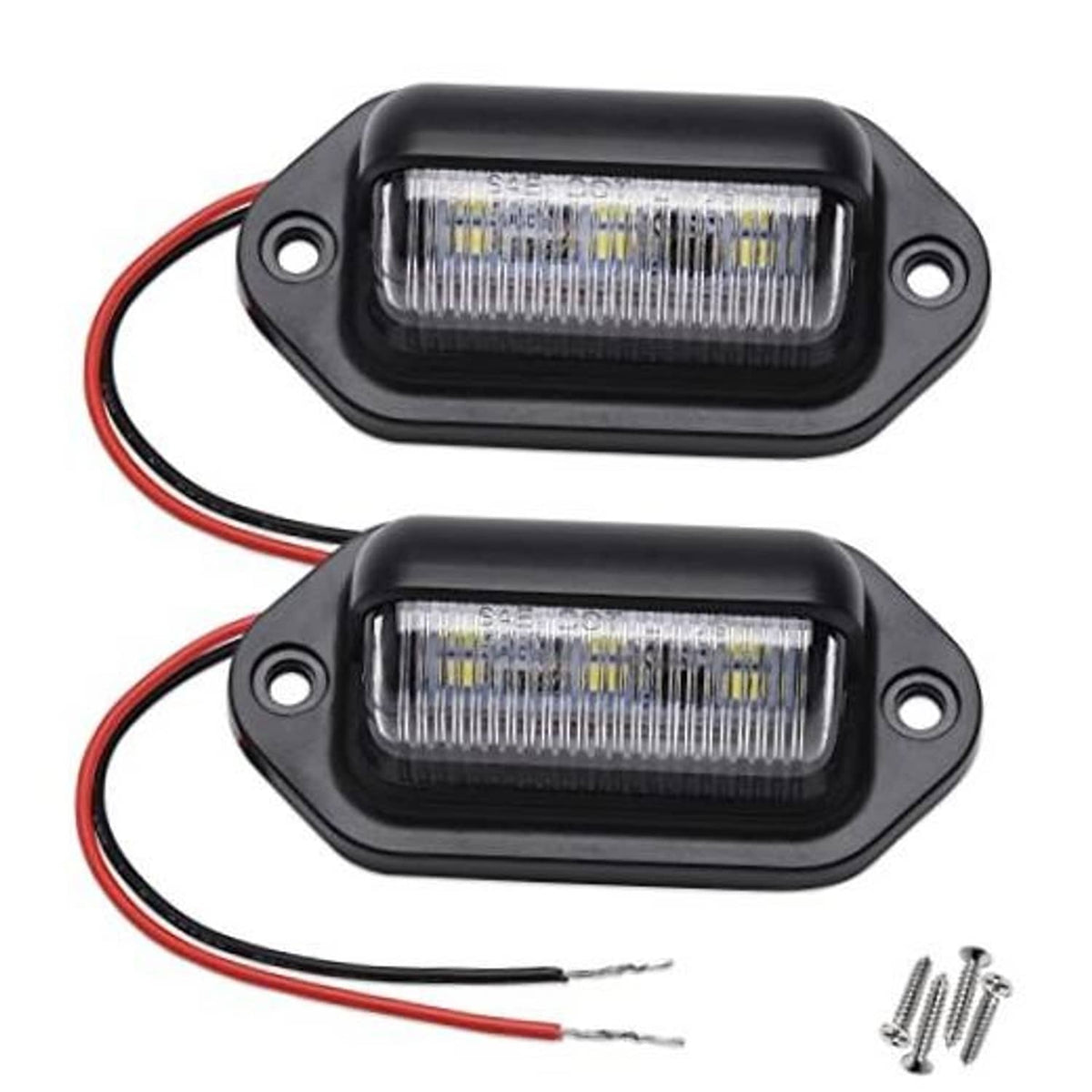 Set of two black LED license plate lights with clear lens, red/black wires, mounting holes