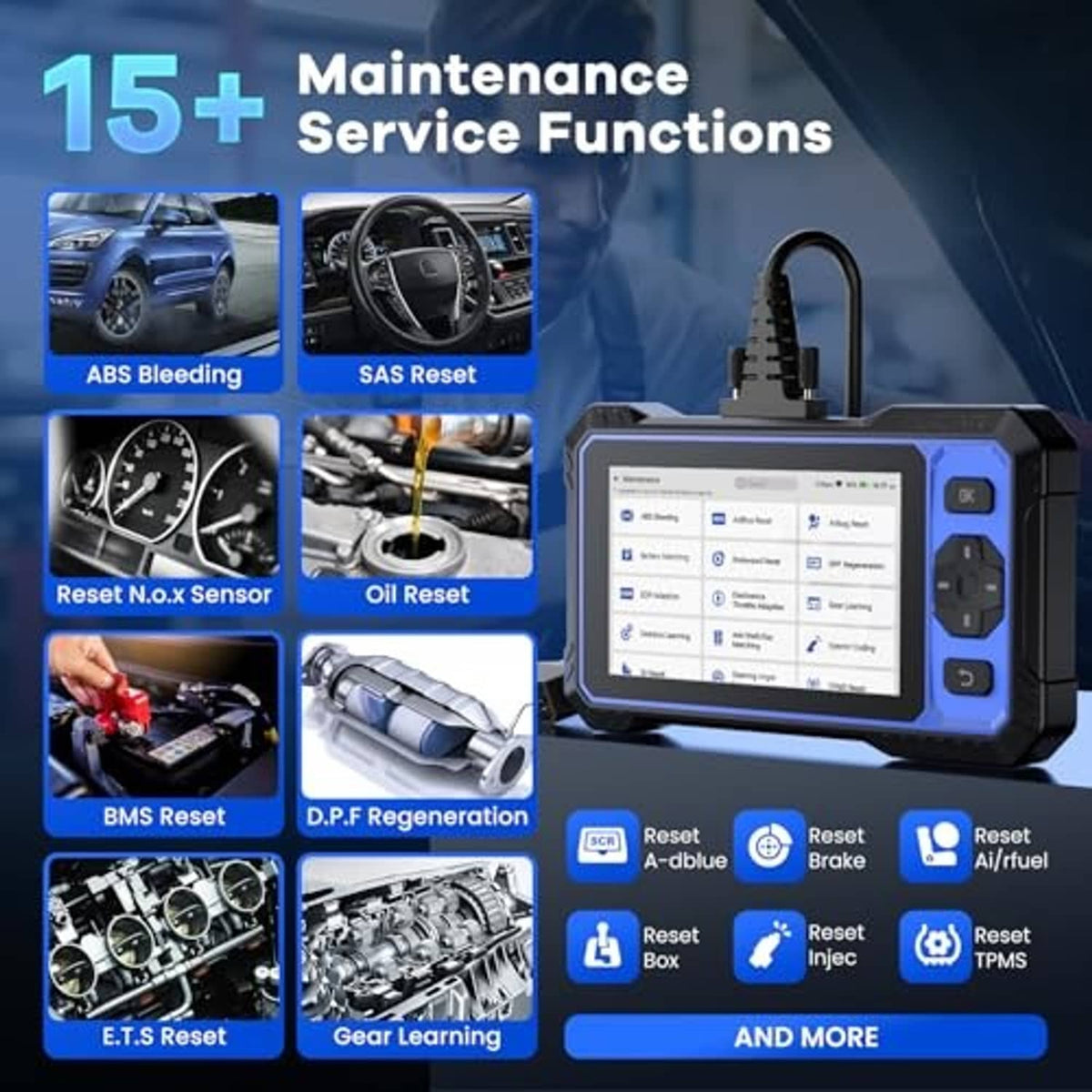 OBD2 scanner showing 15+ maintenance service functions on blue touchscreen