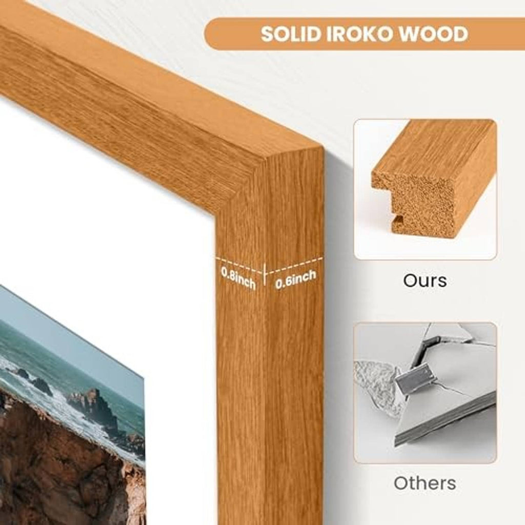 Solid teak wood A3 picture frame corner with visible thickness and wood grain detail