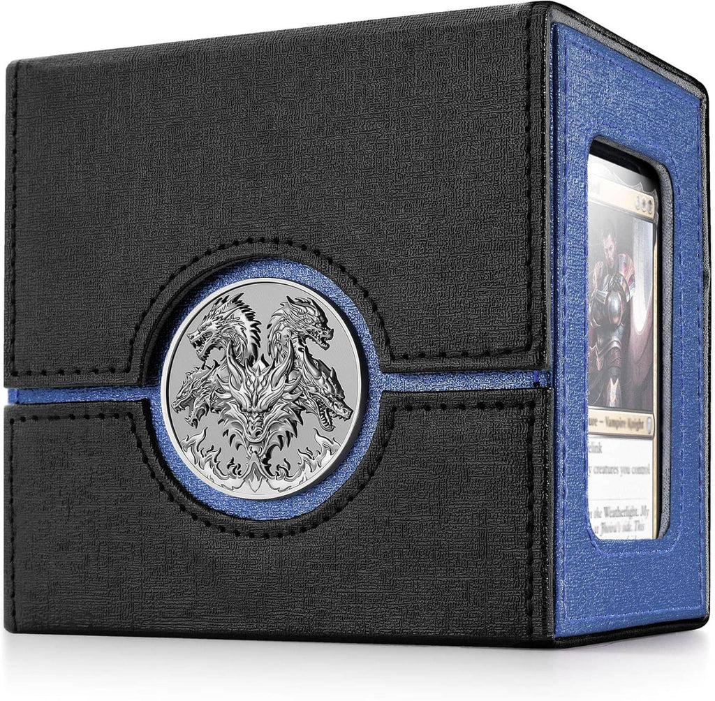 Black deck box with blue side panel, metal dragon emblem, and clear card window