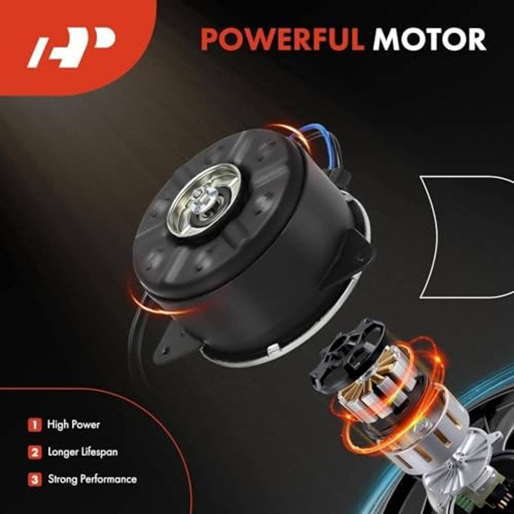 Compact radiator fan motor with blue power wires and silver mounting base