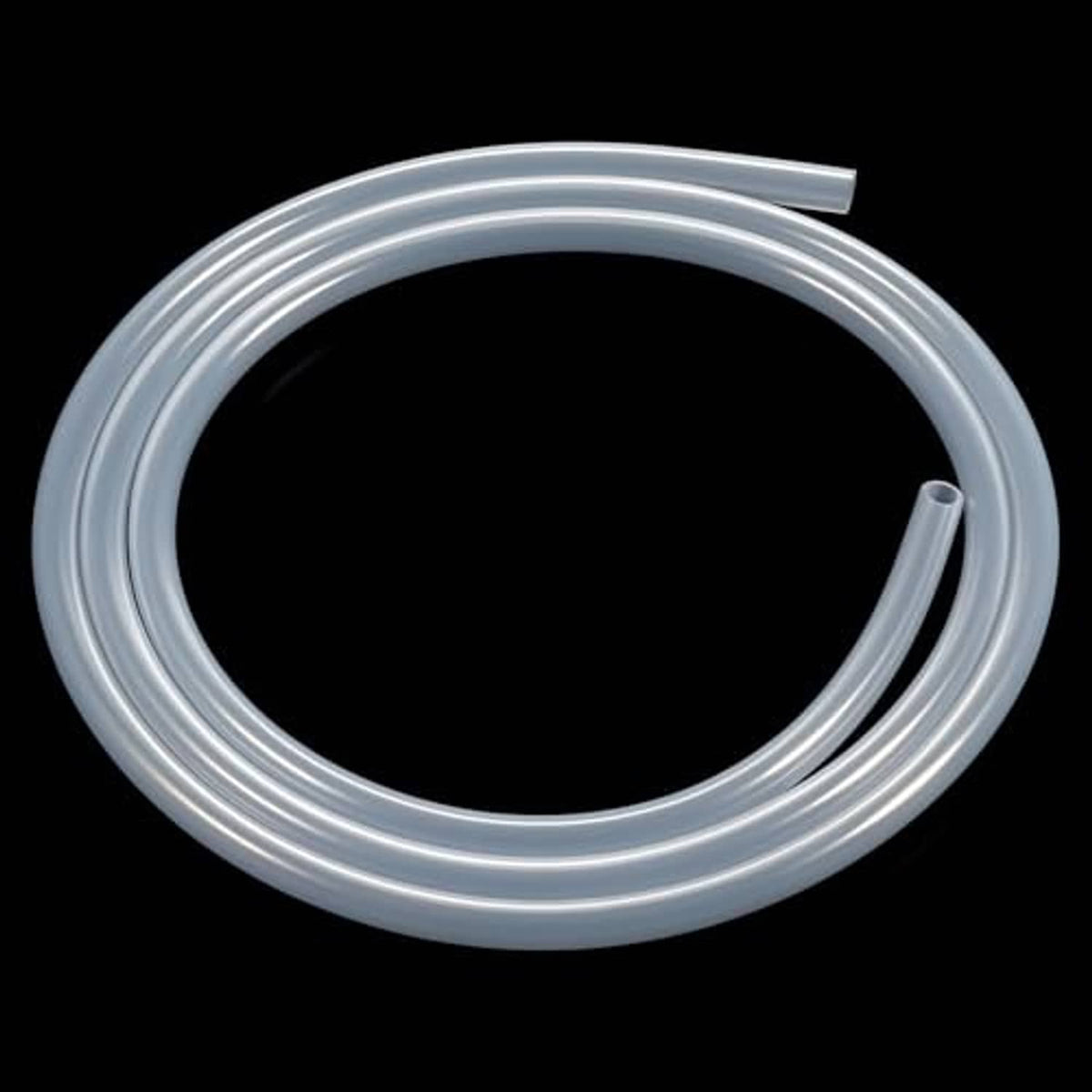 Flexible transparent silicone tubing looped on black background, light gray hose