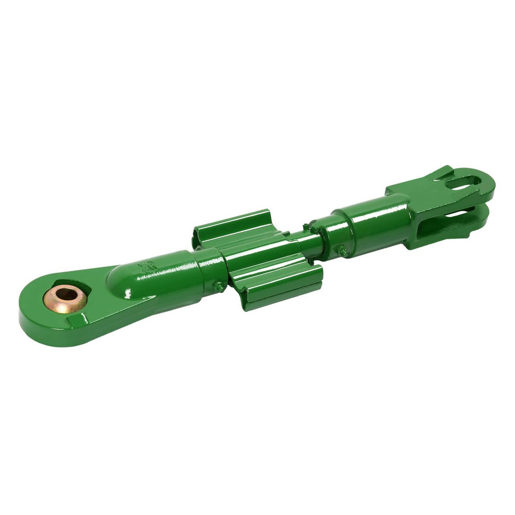 Green 3-point tractor lift link with pivot pin bushing and fork bracket