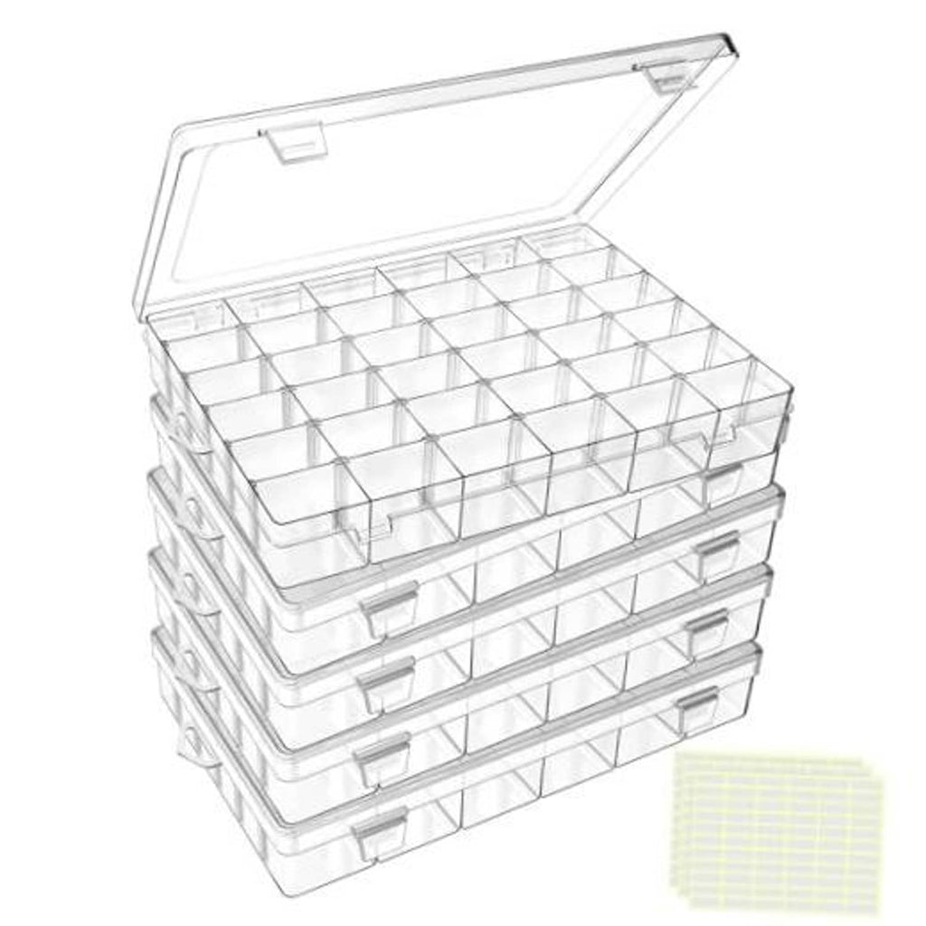 Stackable clear plastic organizer case with hinged lid and multiple grid compartments