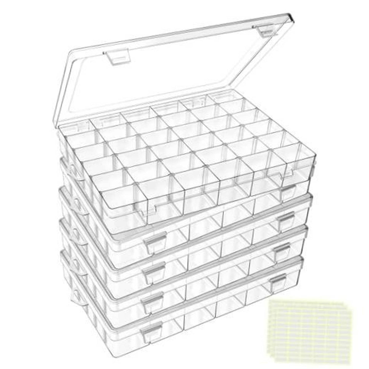 Stackable clear plastic organizer case with hinged lid and multiple grid compartments