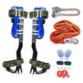 Blue tree climbing spikes with green strap belts and adjustable metal pin rows