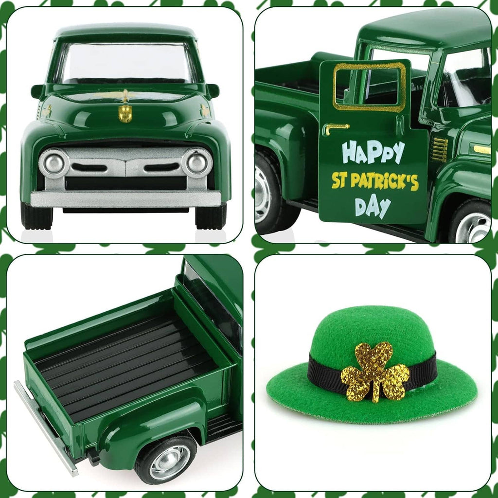 Green mini die-cast truck views with St. Patrick's Day print and green hat