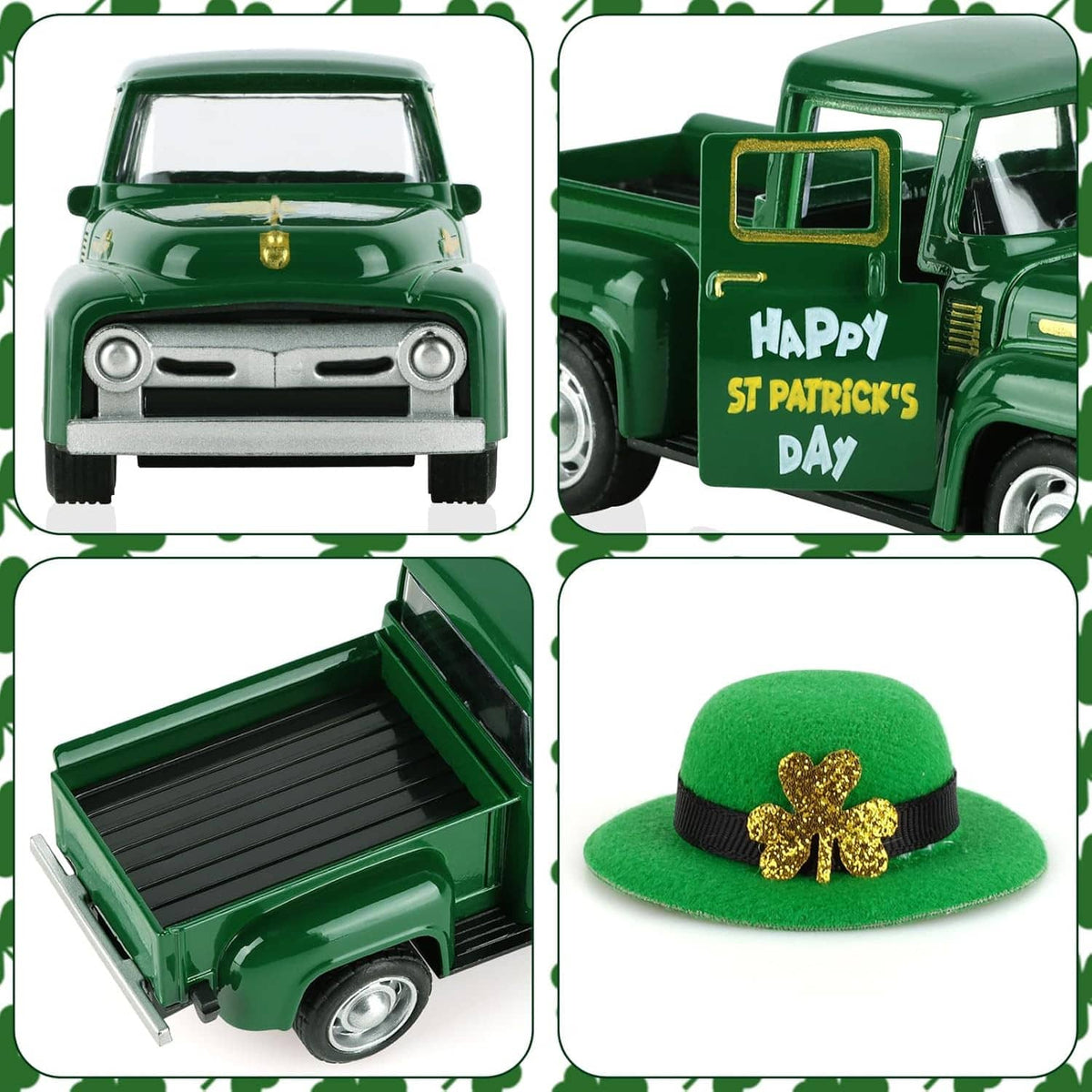 Green mini die-cast truck views with St. Patrick's Day print and green hat