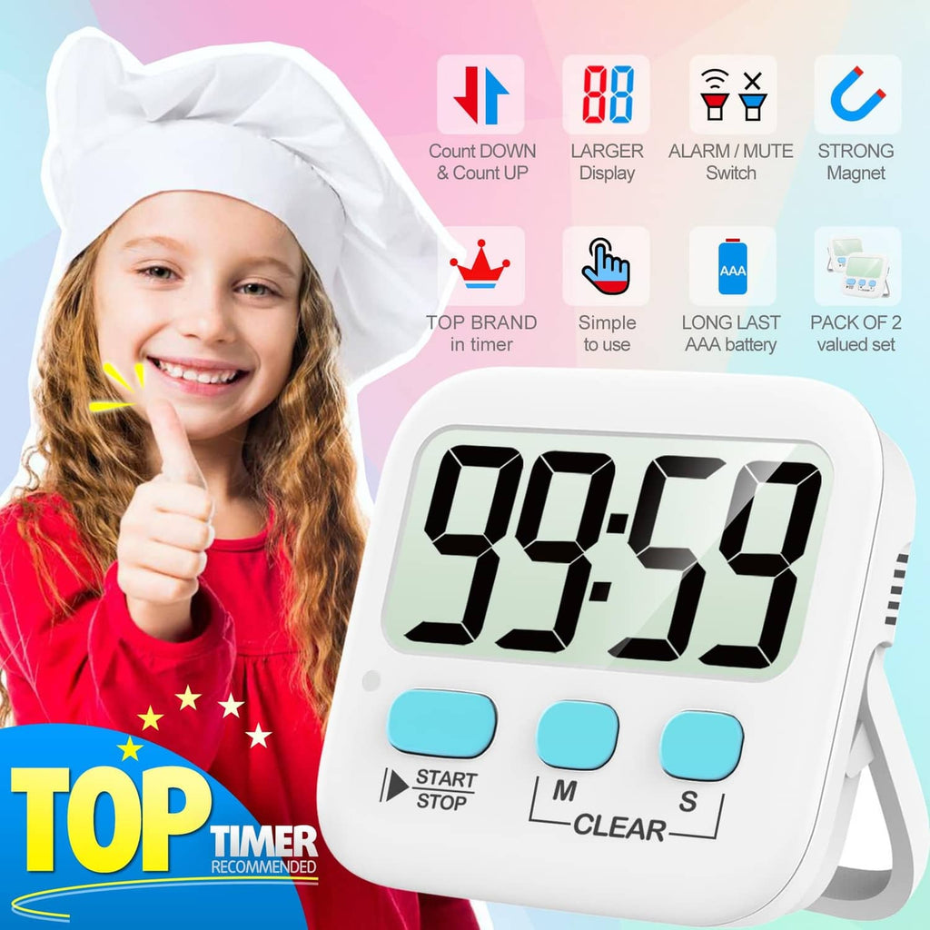 White digital countdown timer showing 99:59 with start/stop and clear buttons