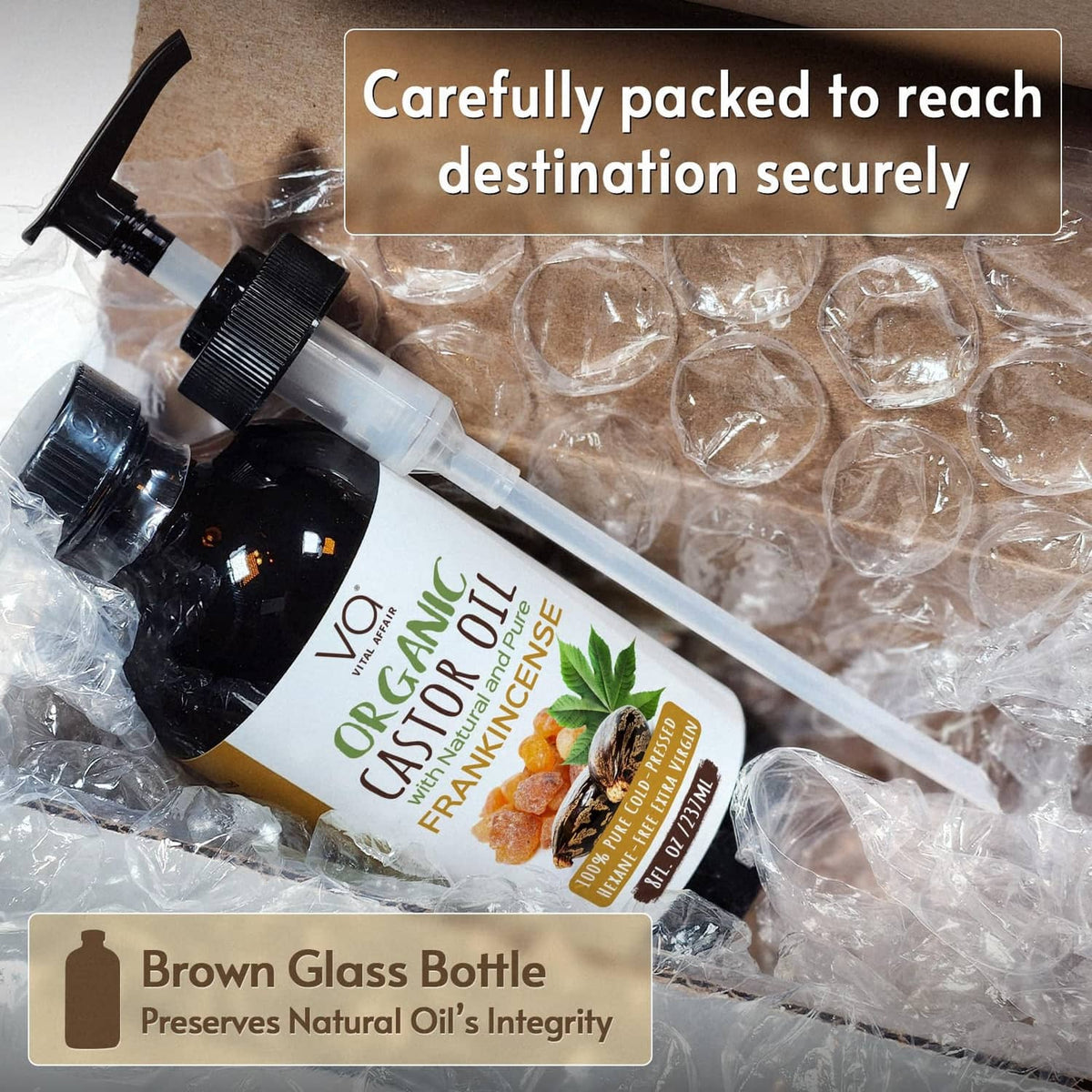 Packaged organic castor oil bottles with black caps in clear protective wrap