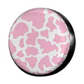 Pink cow-print round spare tire cover with black outer trim, dust-proof fabric