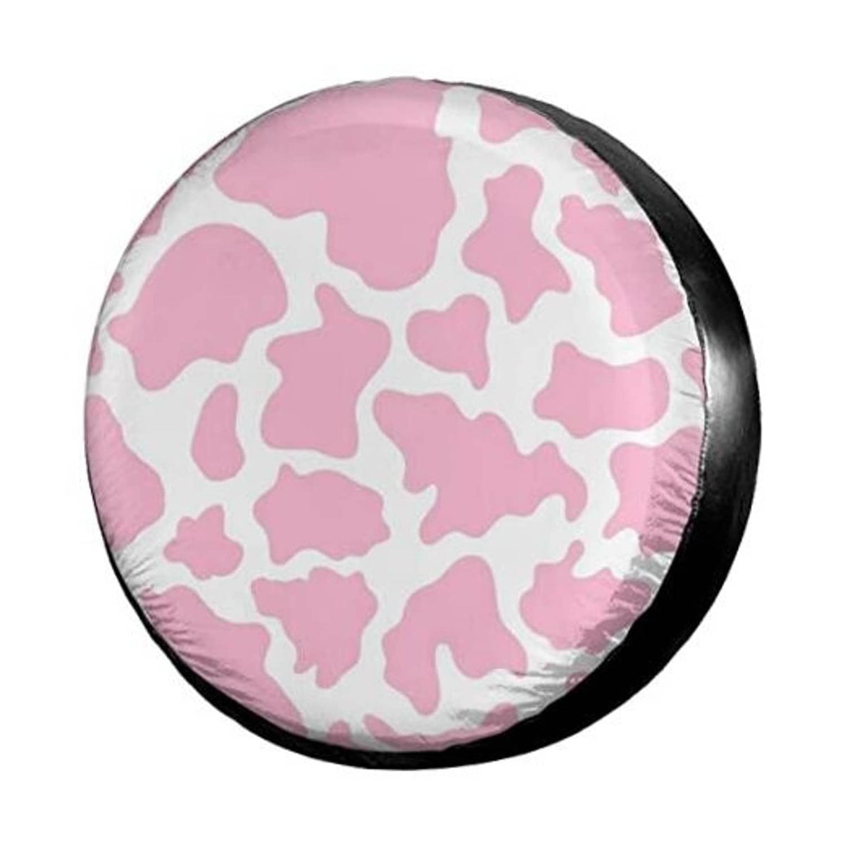Pink cow-print round spare tire cover with black outer trim, dust-proof fabric